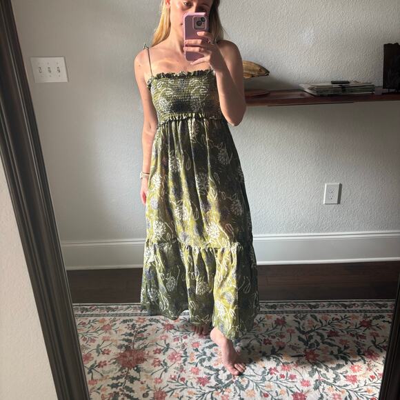 ZARA Green Floral Print Smocked Midi Dress 100% Cotton Tie Straps Size XS - Picture 2 of 14